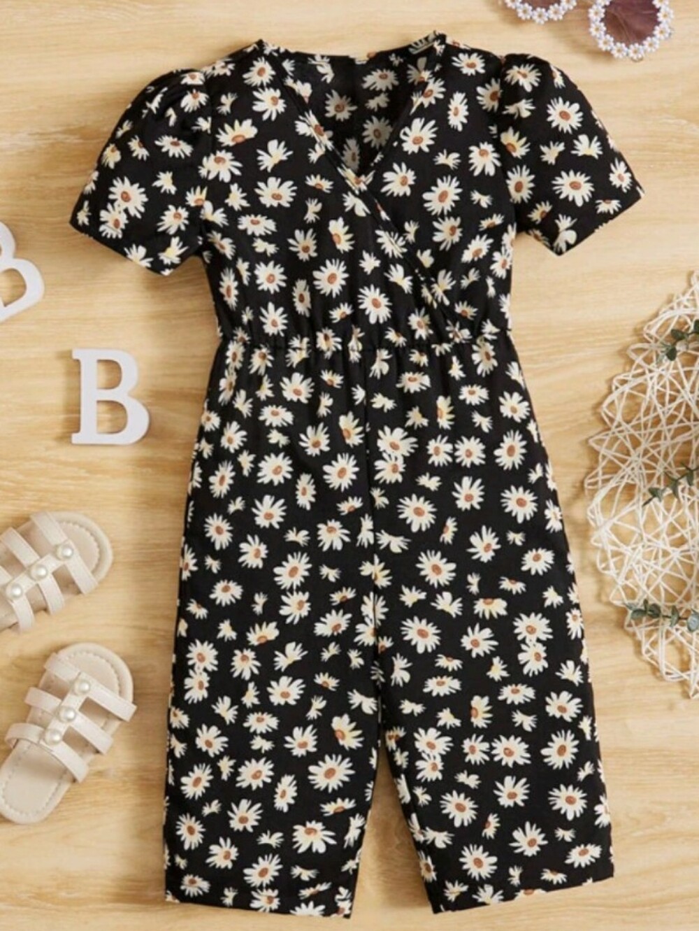 Girls Black Daisy Print Cotton Jumpsuit - Kids Bottoms